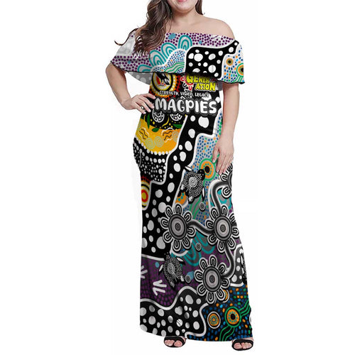 Personalised Magpies AFL Celebrating 50 Years of Naidoc Family Matching Off Shoulder Maxi Dress and Hawaiian Shirt NAIDOC Week 2025 Aboriginal