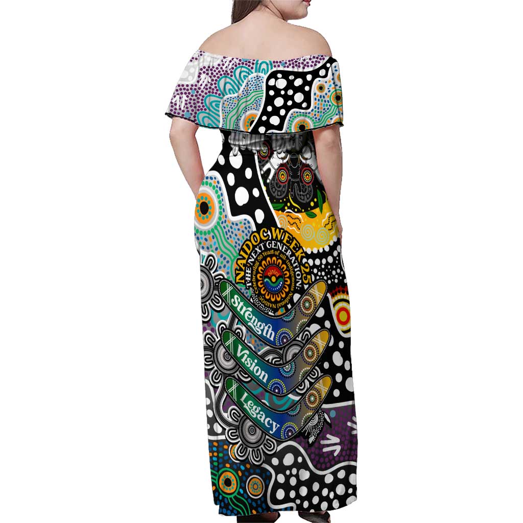 Personalised Magpies AFL Celebrating 50 Years of Naidoc Family Matching Off Shoulder Maxi Dress and Hawaiian Shirt NAIDOC Week 2025 Aboriginal
