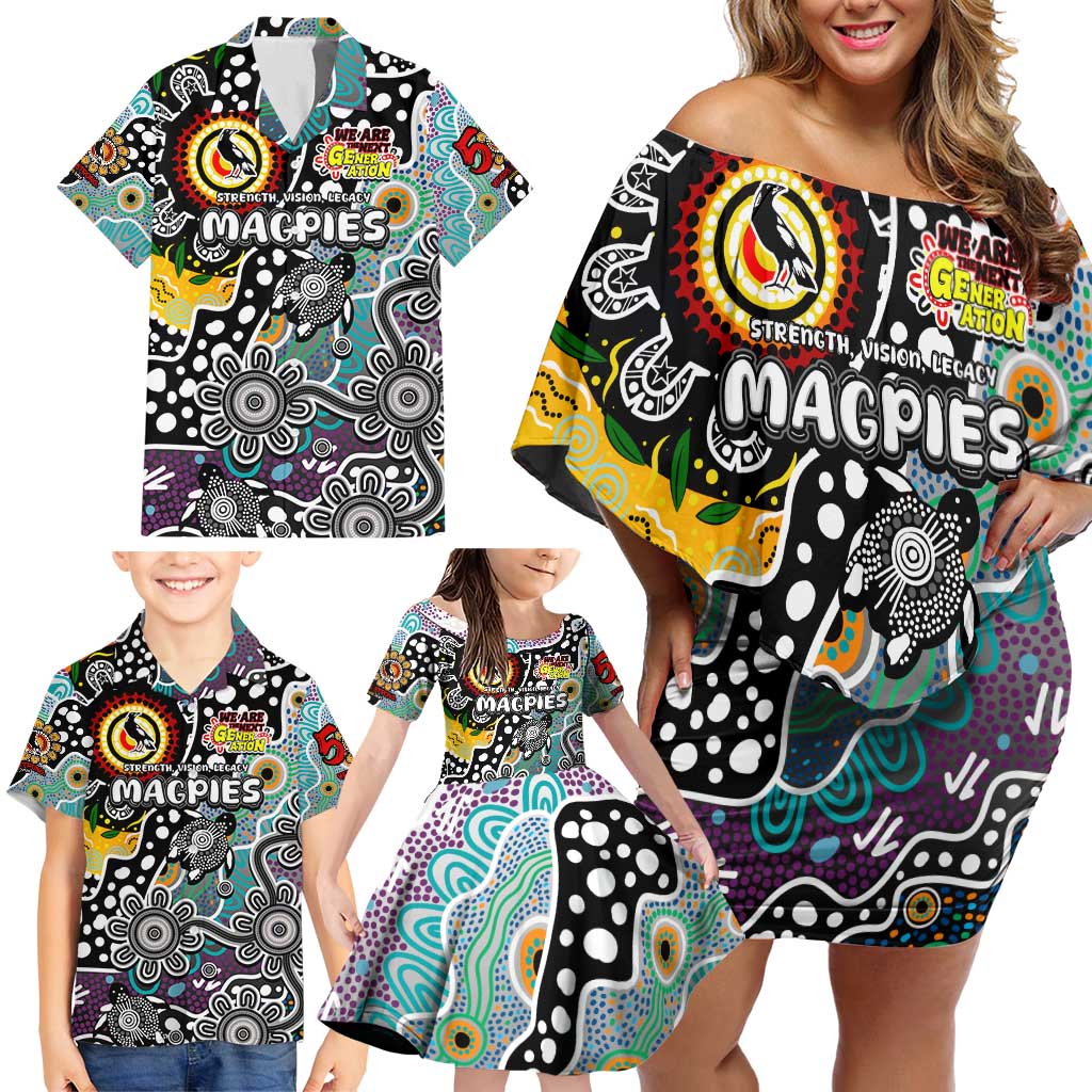 Personalised Magpies AFL Celebrating 50 Years of Naidoc Family Matching Off Shoulder Short Dress and Hawaiian Shirt NAIDOC Week 2025 Aboriginal