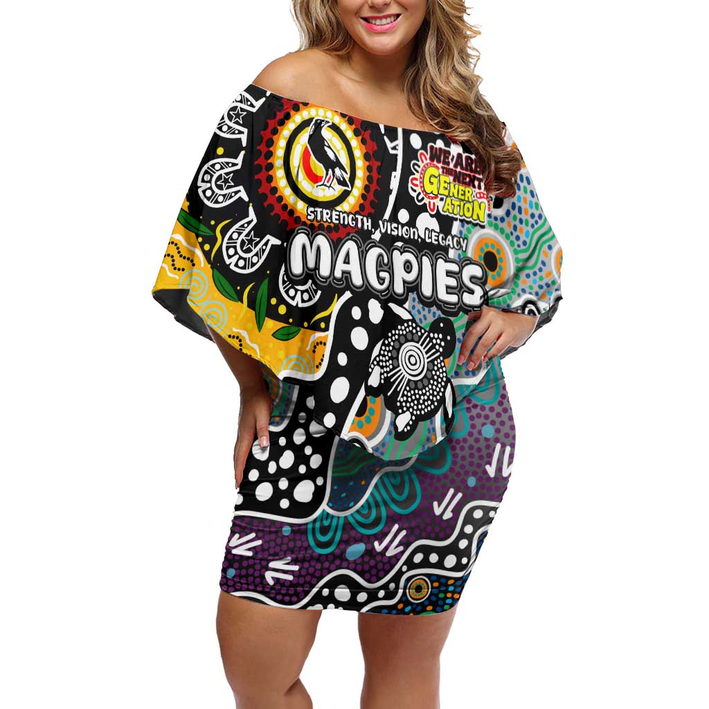 Personalised Magpies AFL Celebrating 50 Years of Naidoc Family Matching Off Shoulder Short Dress and Hawaiian Shirt NAIDOC Week 2025 Aboriginal