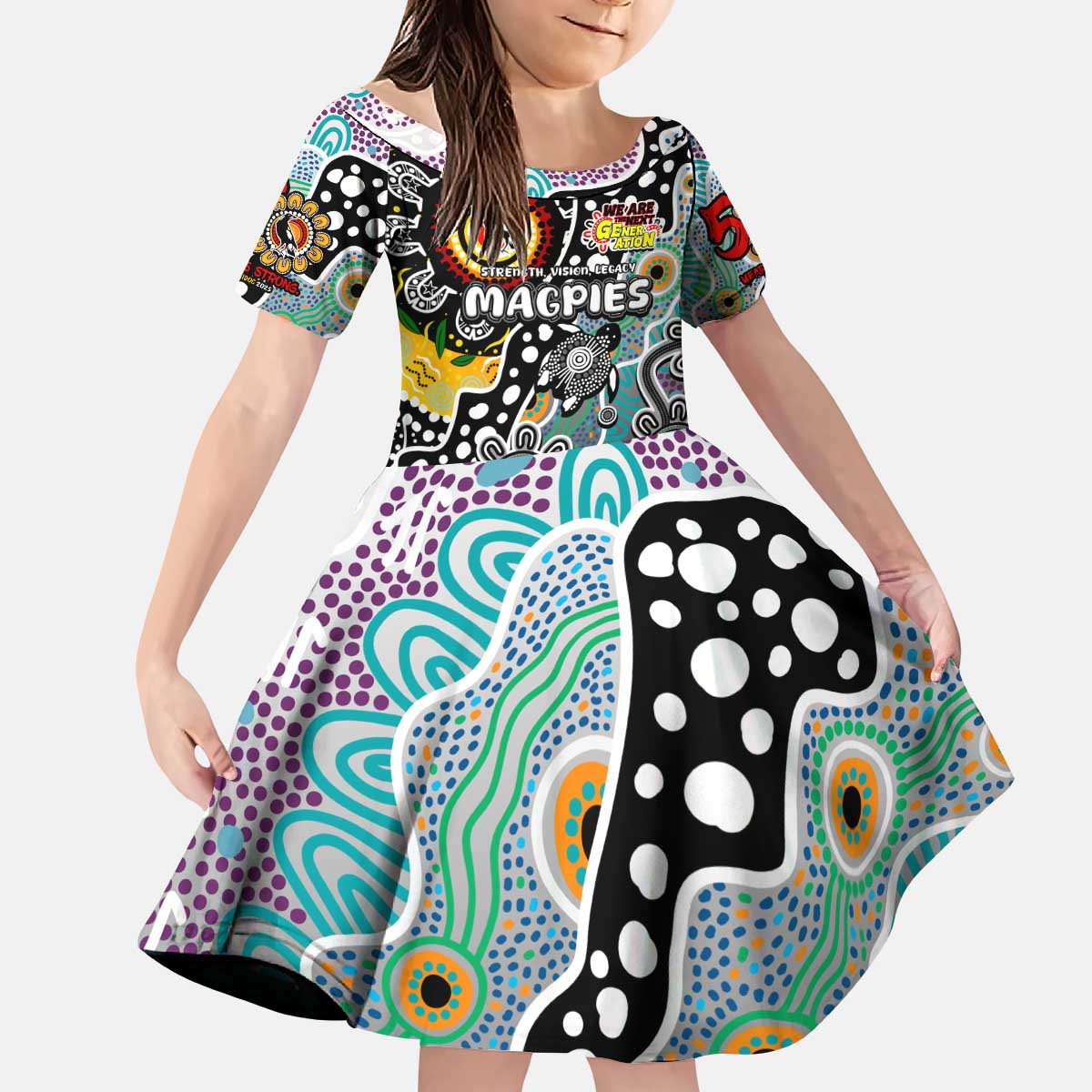 Personalised Magpies AFL Celebrating 50 Years of Naidoc Kid Short Sleeve Dress NAIDOC Week 2025 Aboriginal