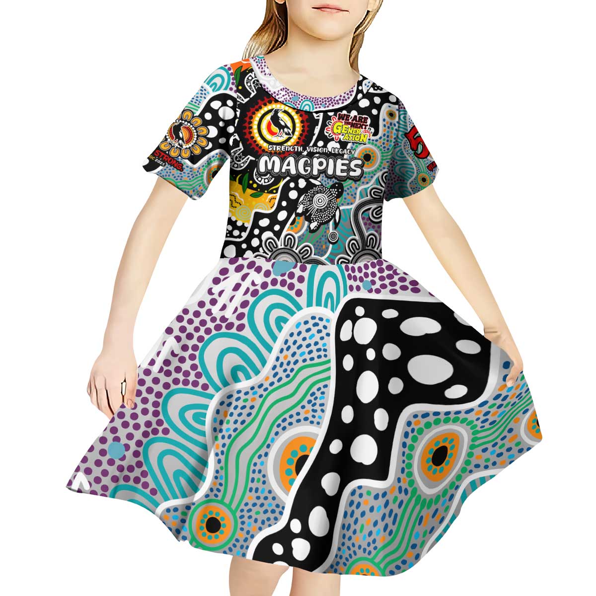 Personalised Magpies AFL Celebrating 50 Years of Naidoc Kid Short Sleeve Dress NAIDOC Week 2025 Aboriginal