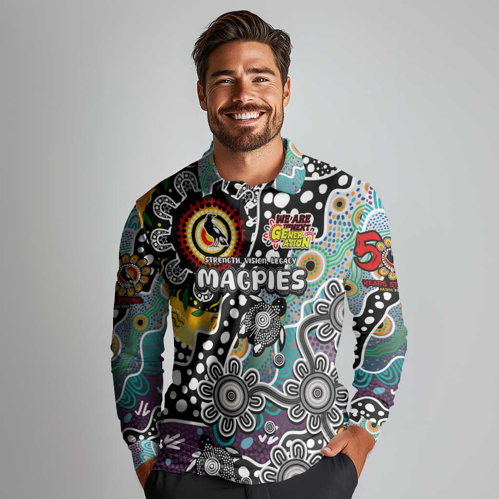 Personalised Magpies AFL Celebrating 50 Years of Naidoc Long Sleeve Polo Shirt NAIDOC Week 2025 Aboriginal