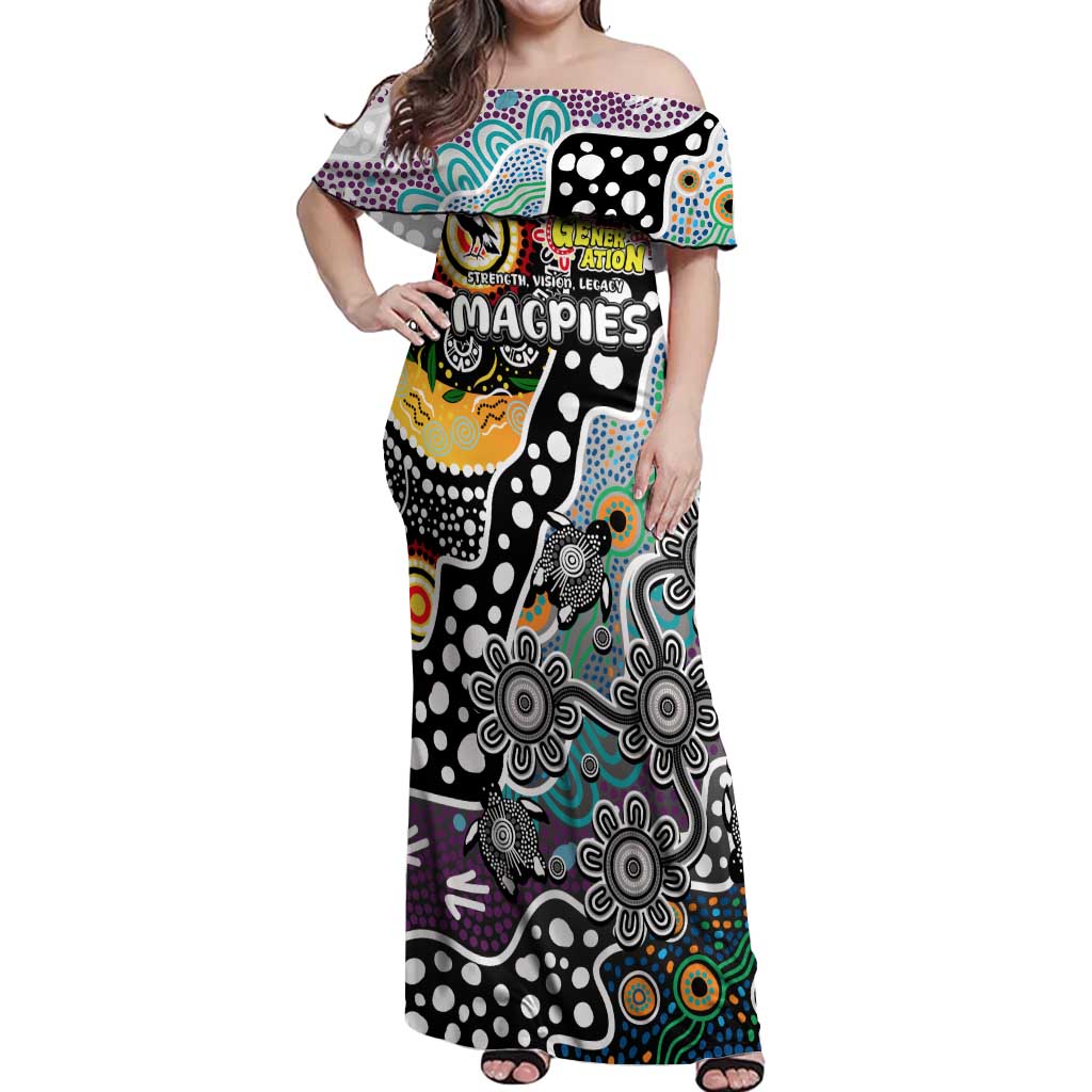 Personalised Magpies AFL Celebrating 50 Years of Naidoc Off Shoulder Maxi Dress NAIDOC Week 2025 Aboriginal