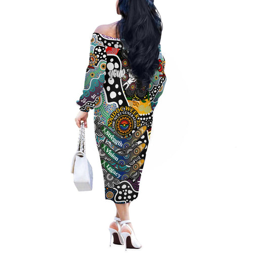 Personalised Magpies AFL Celebrating 50 Years of Naidoc Off The Shoulder Long Sleeve Dress NAIDOC Week 2025 Aboriginal
