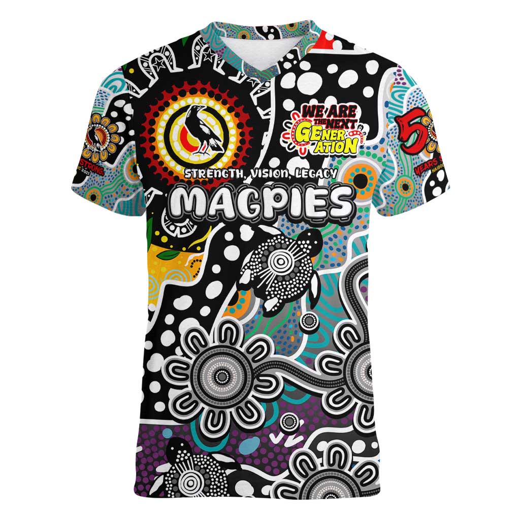 Personalised Magpies AFL Celebrating 50 Years of Naidoc Women V-Neck T-Shirt NAIDOC Week 2025 Aboriginal