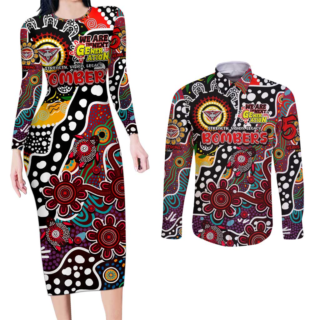 Personalised Bombers AFL Celebrating 50 Years of Naidoc Couples Matching Long Sleeve Bodycon Dress and Long Sleeve Button Shirt NAIDOC Week 2025 Aboriginal