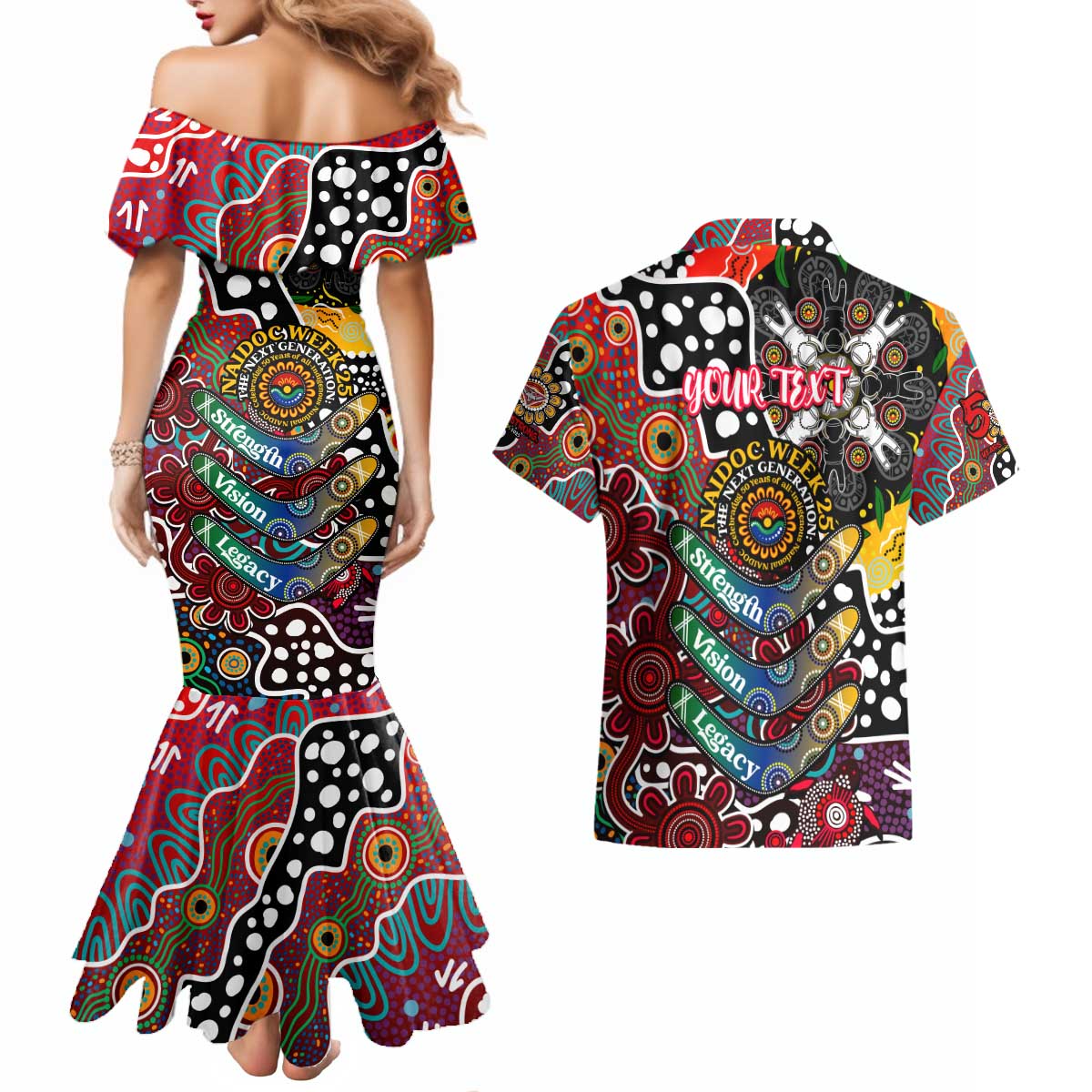 Personalised Bombers AFL Celebrating 50 Years of Naidoc Couples Matching Mermaid Dress and Hawaiian Shirt NAIDOC Week 2025 Aboriginal