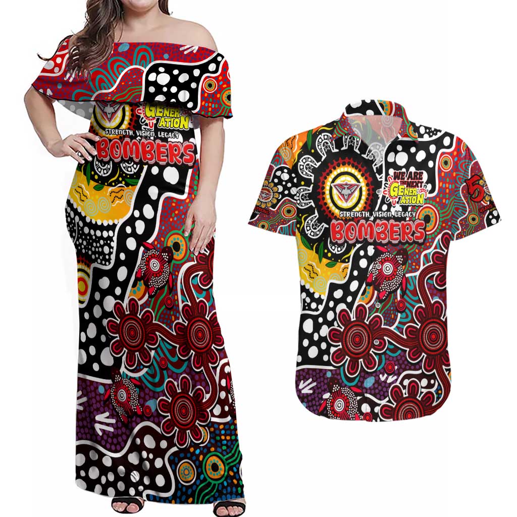 Personalised Bombers AFL Celebrating 50 Years of Naidoc Couples Matching Off Shoulder Maxi Dress and Hawaiian Shirt NAIDOC Week 2025 Aboriginal