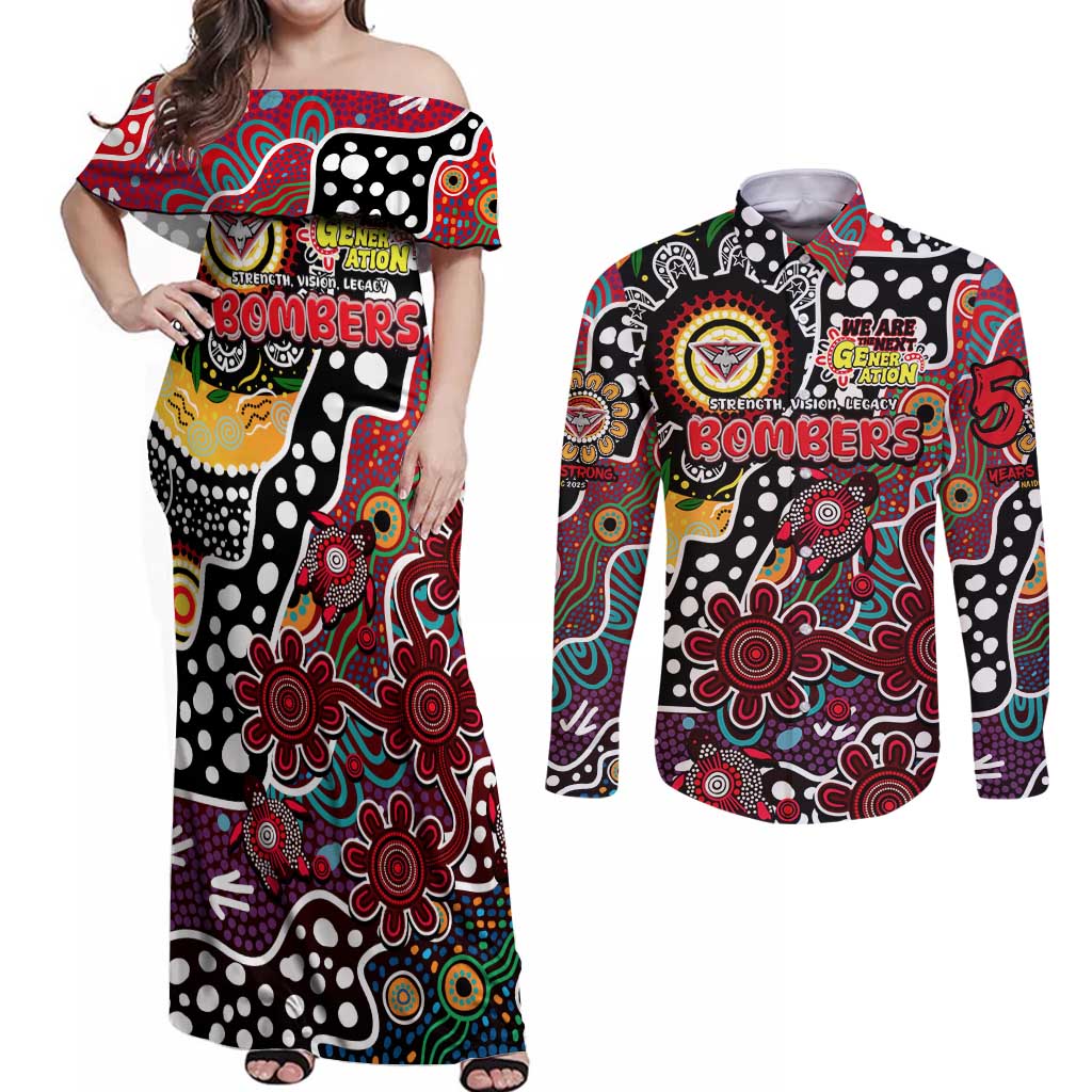 Personalised Bombers AFL Celebrating 50 Years of Naidoc Couples Matching Off Shoulder Maxi Dress and Long Sleeve Button Shirt NAIDOC Week 2025 Aboriginal