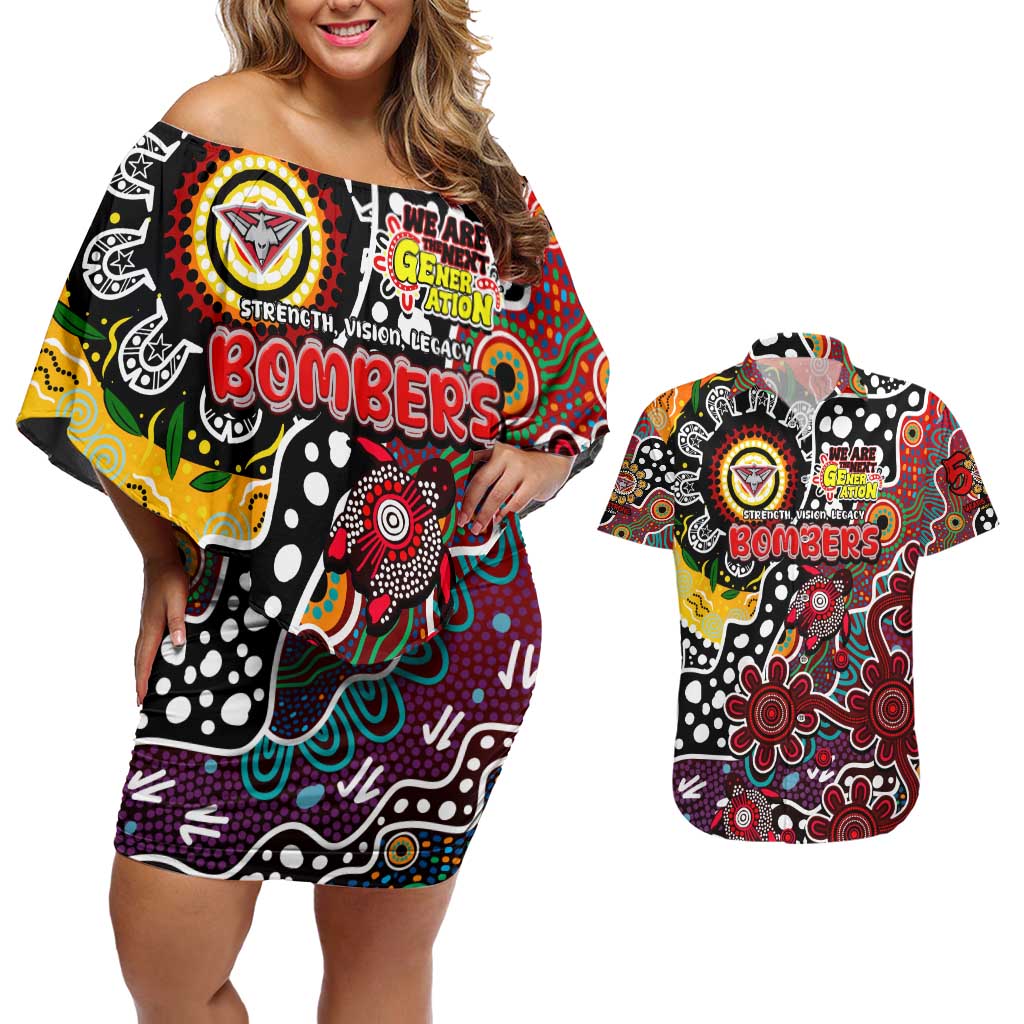 Personalised Bombers AFL Celebrating 50 Years of Naidoc Couples Matching Off Shoulder Short Dress and Hawaiian Shirt NAIDOC Week 2025 Aboriginal