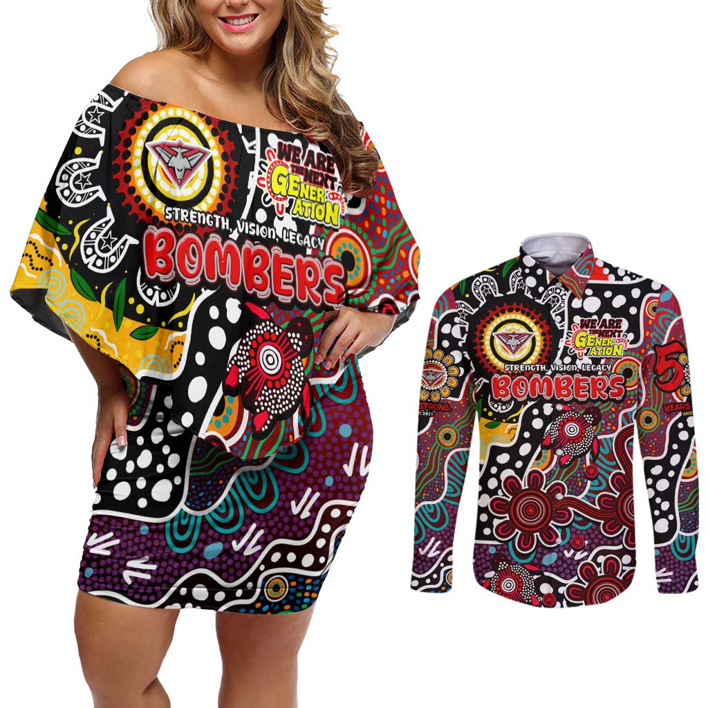 Personalised Bombers AFL Celebrating 50 Years of Naidoc Couples Matching Off Shoulder Short Dress and Long Sleeve Button Shirt NAIDOC Week 2025 Aboriginal