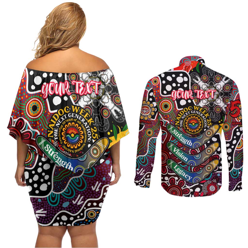 Personalised Bombers AFL Celebrating 50 Years of Naidoc Couples Matching Off Shoulder Short Dress and Long Sleeve Button Shirt NAIDOC Week 2025 Aboriginal