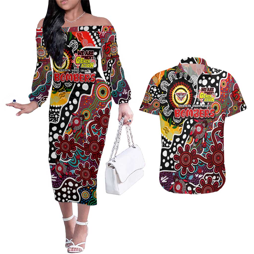 Personalised Bombers AFL Celebrating 50 Years of Naidoc Couples Matching Off The Shoulder Long Sleeve Dress and Hawaiian Shirt NAIDOC Week 2025 Aboriginal