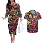 Personalised Bombers AFL Celebrating 50 Years of Naidoc Couples Matching Off The Shoulder Long Sleeve Dress and Hawaiian Shirt NAIDOC Week 2025 Aboriginal