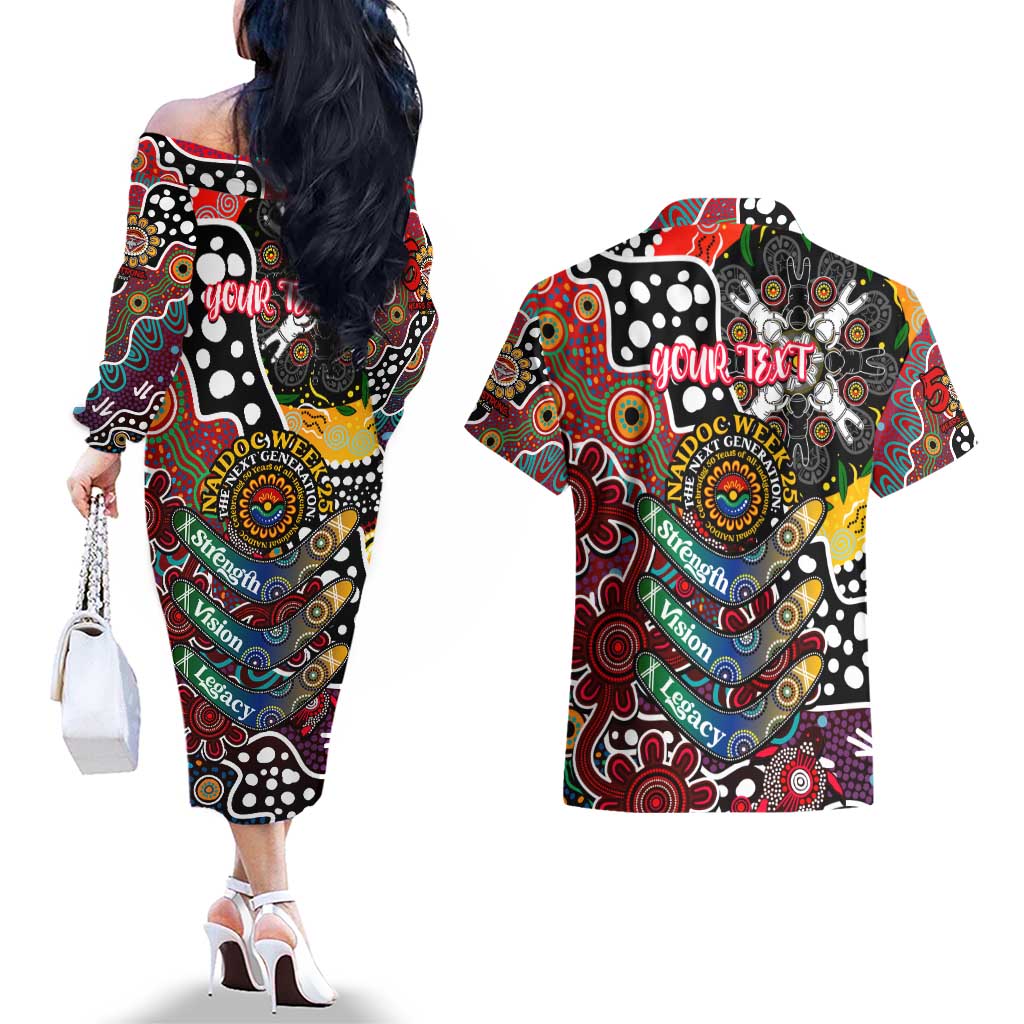 Personalised Bombers AFL Celebrating 50 Years of Naidoc Couples Matching Off The Shoulder Long Sleeve Dress and Hawaiian Shirt NAIDOC Week 2025 Aboriginal