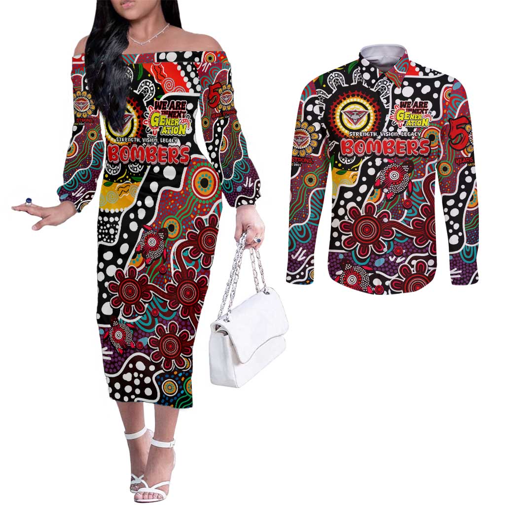 Personalised Bombers AFL Celebrating 50 Years of Naidoc Couples Matching Off The Shoulder Long Sleeve Dress and Long Sleeve Button Shirt NAIDOC Week 2025 Aboriginal