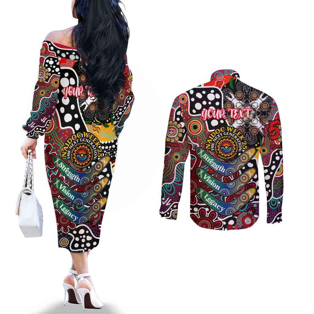 Personalised Bombers AFL Celebrating 50 Years of Naidoc Couples Matching Off The Shoulder Long Sleeve Dress and Long Sleeve Button Shirt NAIDOC Week 2025 Aboriginal