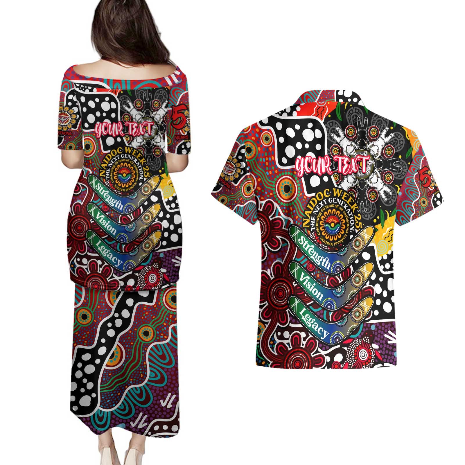 Personalised Bombers AFL Celebrating 50 Years of Naidoc Couples Matching Puletasi and Hawaiian Shirt NAIDOC Week 2025 Aboriginal