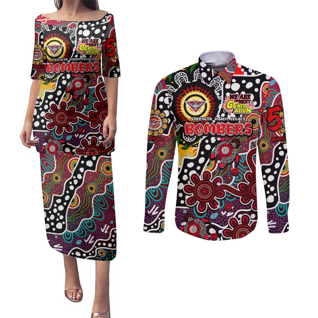 Personalised Bombers AFL Celebrating 50 Years of Naidoc Couples Matching Puletasi and Long Sleeve Button Shirt NAIDOC Week 2025 Aboriginal