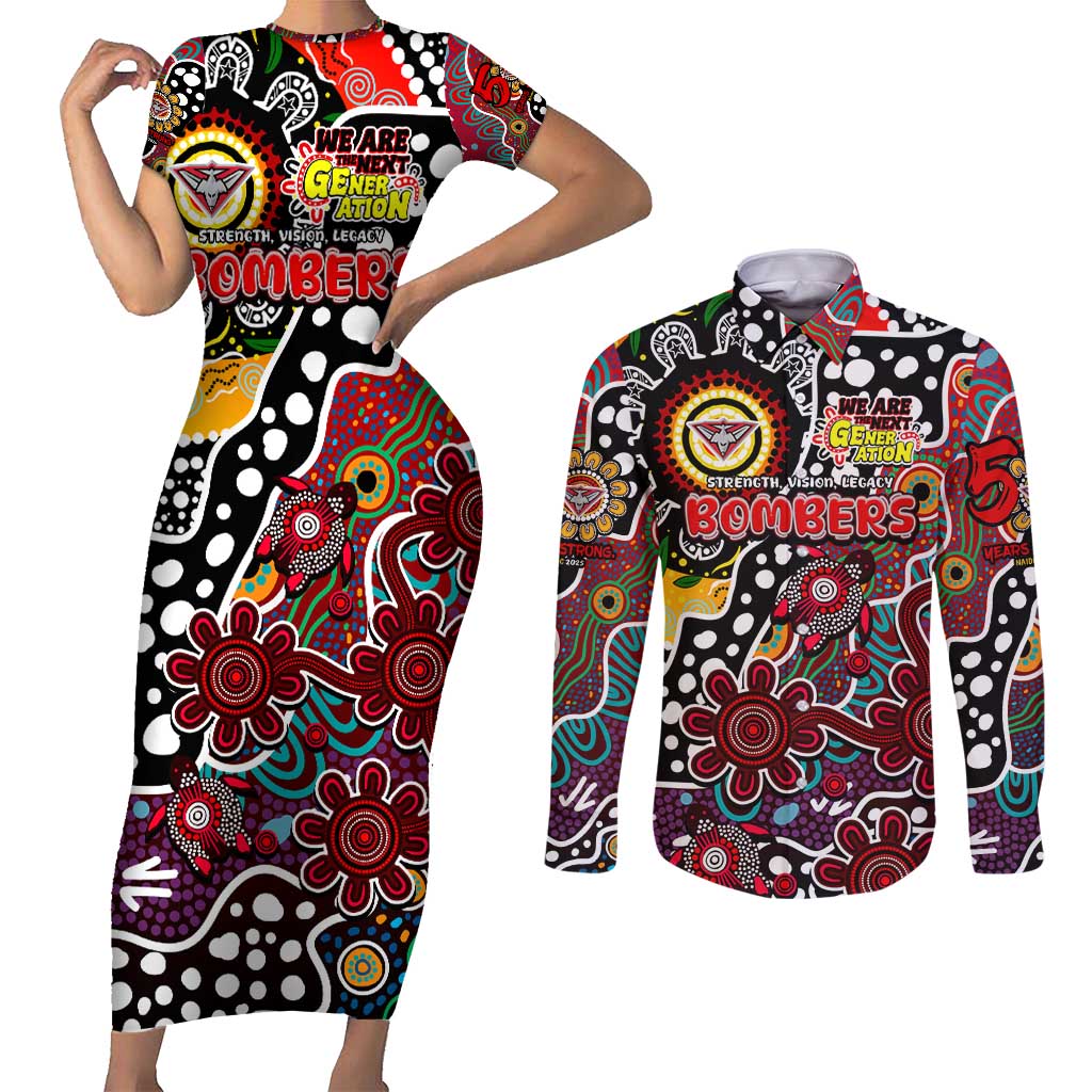 Personalised Bombers AFL Celebrating 50 Years of Naidoc Couples Matching Short Sleeve Bodycon Dress and Long Sleeve Button Shirt NAIDOC Week 2025 Aboriginal