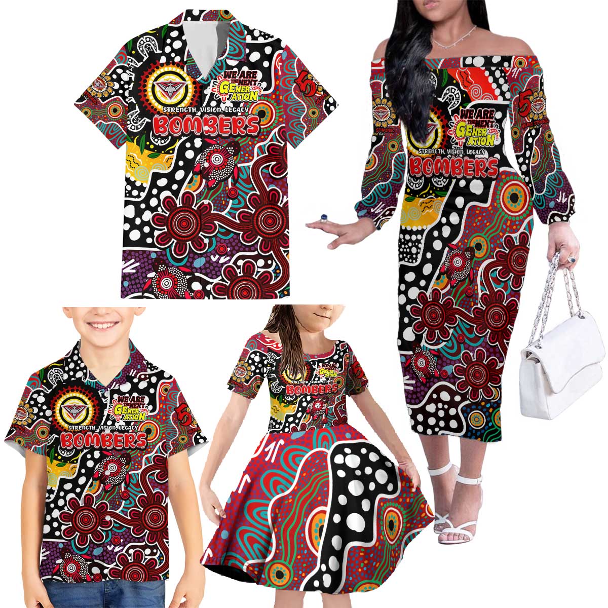 Personalised Bombers AFL Celebrating 50 Years of Naidoc Family Matching Off The Shoulder Long Sleeve Dress and Hawaiian Shirt NAIDOC Week 2025 Aboriginal