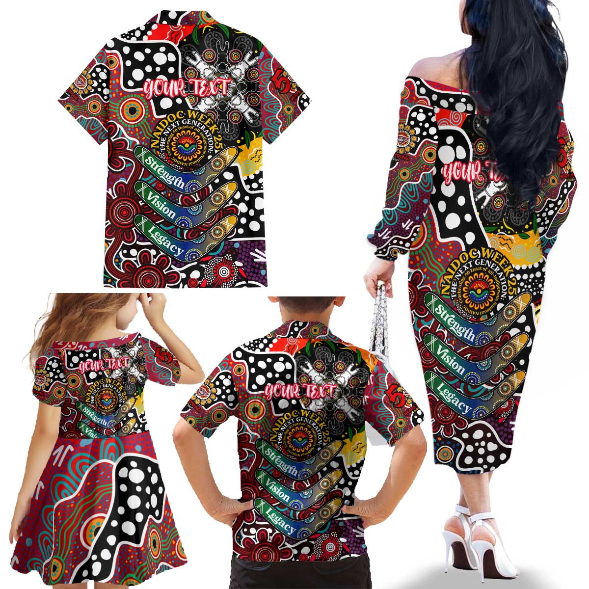 Personalised Bombers AFL Celebrating 50 Years of Naidoc Family Matching Off The Shoulder Long Sleeve Dress and Hawaiian Shirt NAIDOC Week 2025 Aboriginal