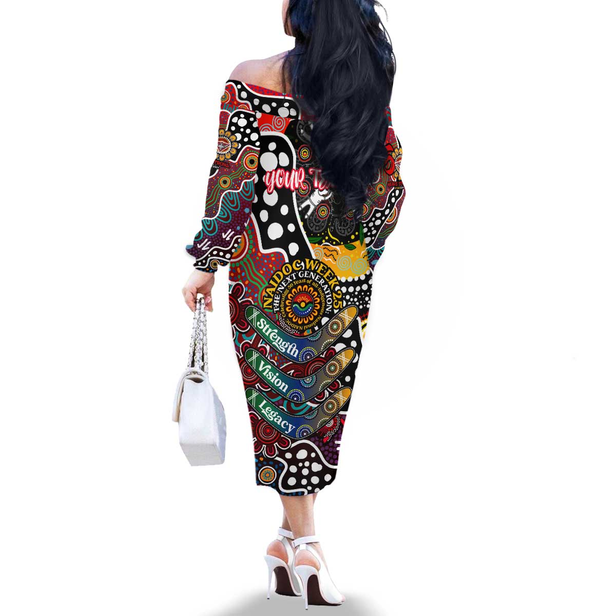 Personalised Bombers AFL Celebrating 50 Years of Naidoc Family Matching Off The Shoulder Long Sleeve Dress and Hawaiian Shirt NAIDOC Week 2025 Aboriginal
