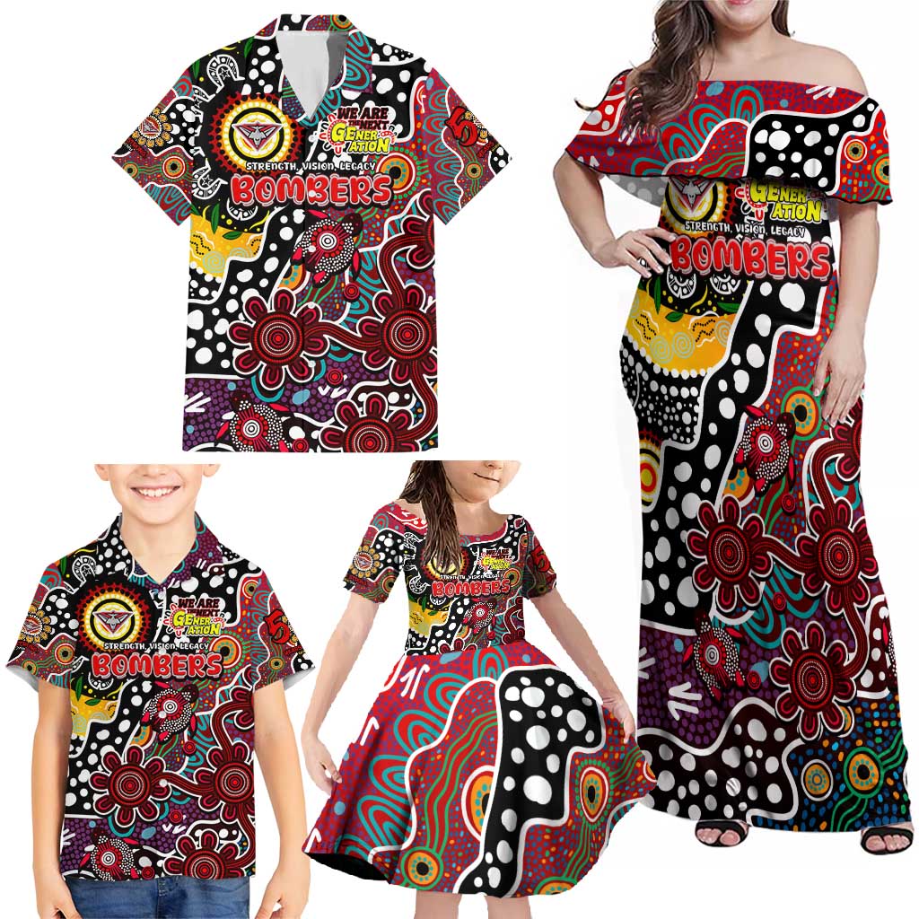 Personalised Bombers AFL Celebrating 50 Years of Naidoc Family Matching Off Shoulder Maxi Dress and Hawaiian Shirt NAIDOC Week 2025 Aboriginal