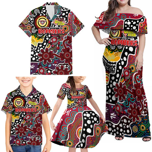 Personalised Bombers AFL Celebrating 50 Years of Naidoc Family Matching Off Shoulder Maxi Dress and Hawaiian Shirt NAIDOC Week 2025 Aboriginal
