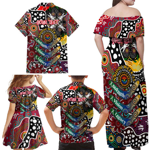 Personalised Bombers AFL Celebrating 50 Years of Naidoc Family Matching Off Shoulder Maxi Dress and Hawaiian Shirt NAIDOC Week 2025 Aboriginal