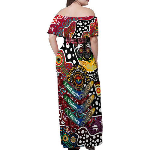 Personalised Bombers AFL Celebrating 50 Years of Naidoc Family Matching Off Shoulder Maxi Dress and Hawaiian Shirt NAIDOC Week 2025 Aboriginal