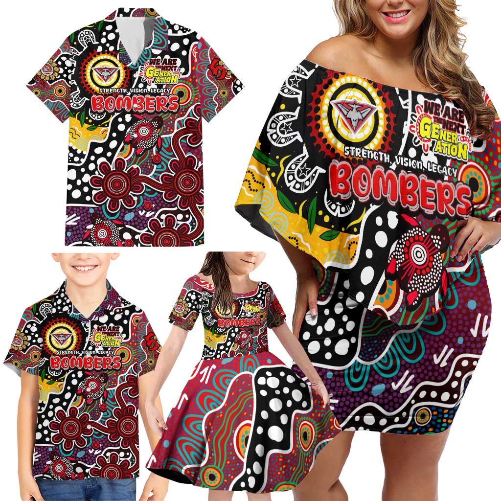 Personalised Bombers AFL Celebrating 50 Years of Naidoc Family Matching Off Shoulder Short Dress and Hawaiian Shirt NAIDOC Week 2025 Aboriginal