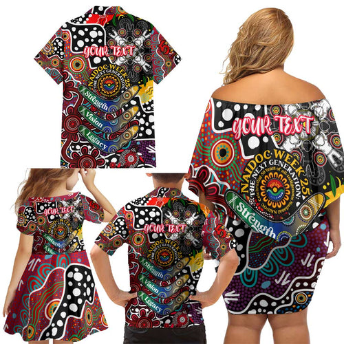 Personalised Bombers AFL Celebrating 50 Years of Naidoc Family Matching Off Shoulder Short Dress and Hawaiian Shirt NAIDOC Week 2025 Aboriginal