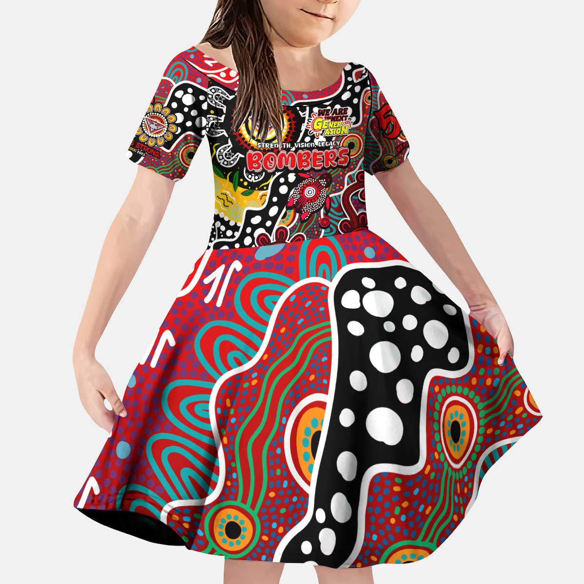Personalised Bombers AFL Celebrating 50 Years of Naidoc Kid Short Sleeve Dress NAIDOC Week 2025 Aboriginal