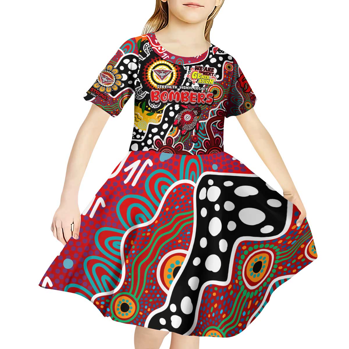 Personalised Bombers AFL Celebrating 50 Years of Naidoc Kid Short Sleeve Dress NAIDOC Week 2025 Aboriginal
