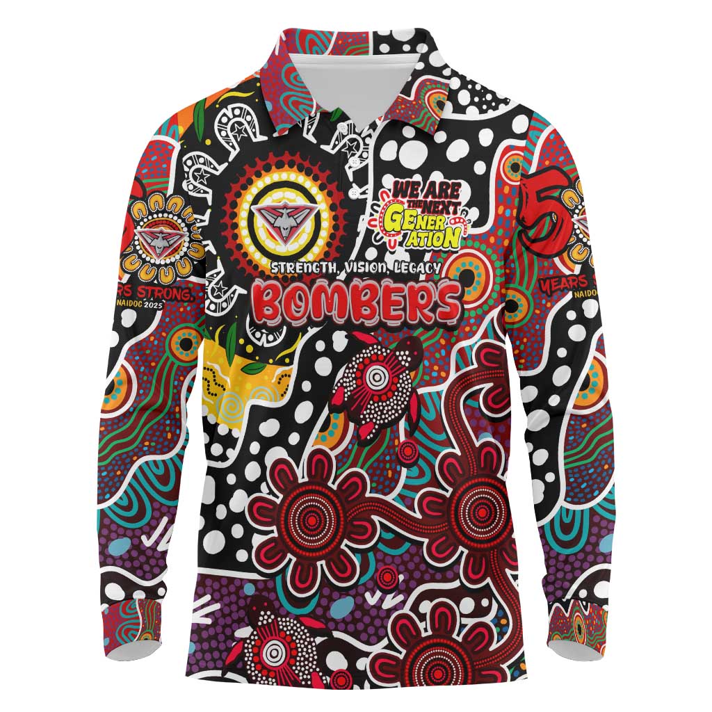 Personalised Bombers AFL Celebrating 50 Years of Naidoc Long Sleeve Polo Shirt NAIDOC Week 2025 Aboriginal