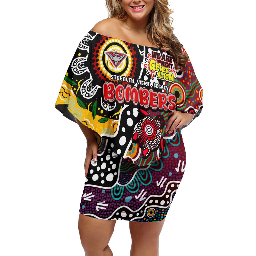 Personalised Bombers AFL Celebrating 50 Years of Naidoc Off Shoulder Short Dress NAIDOC Week 2025 Aboriginal