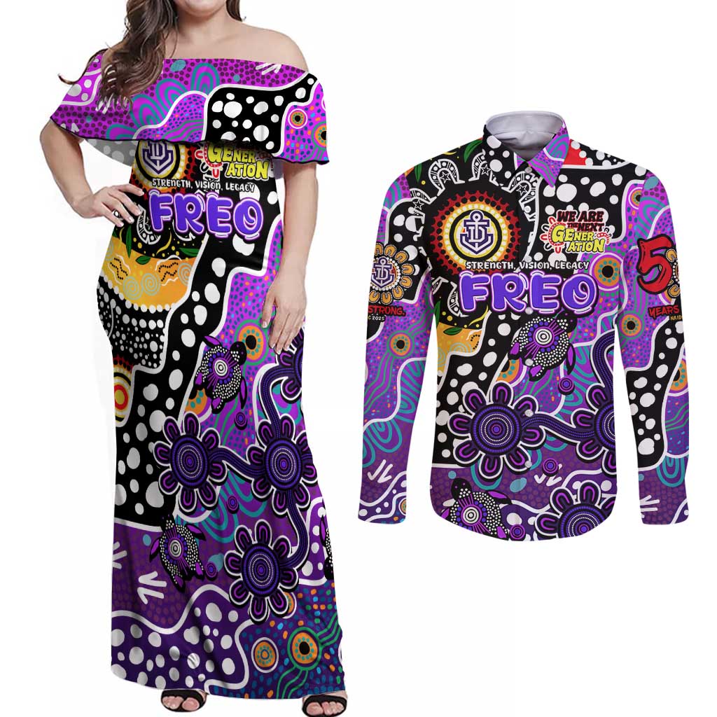 Personalised Freo AFL Celebrating 50 Years of Naidoc Couples Matching Off Shoulder Maxi Dress and Long Sleeve Button Shirt NAIDOC Week 2025 Aboriginal