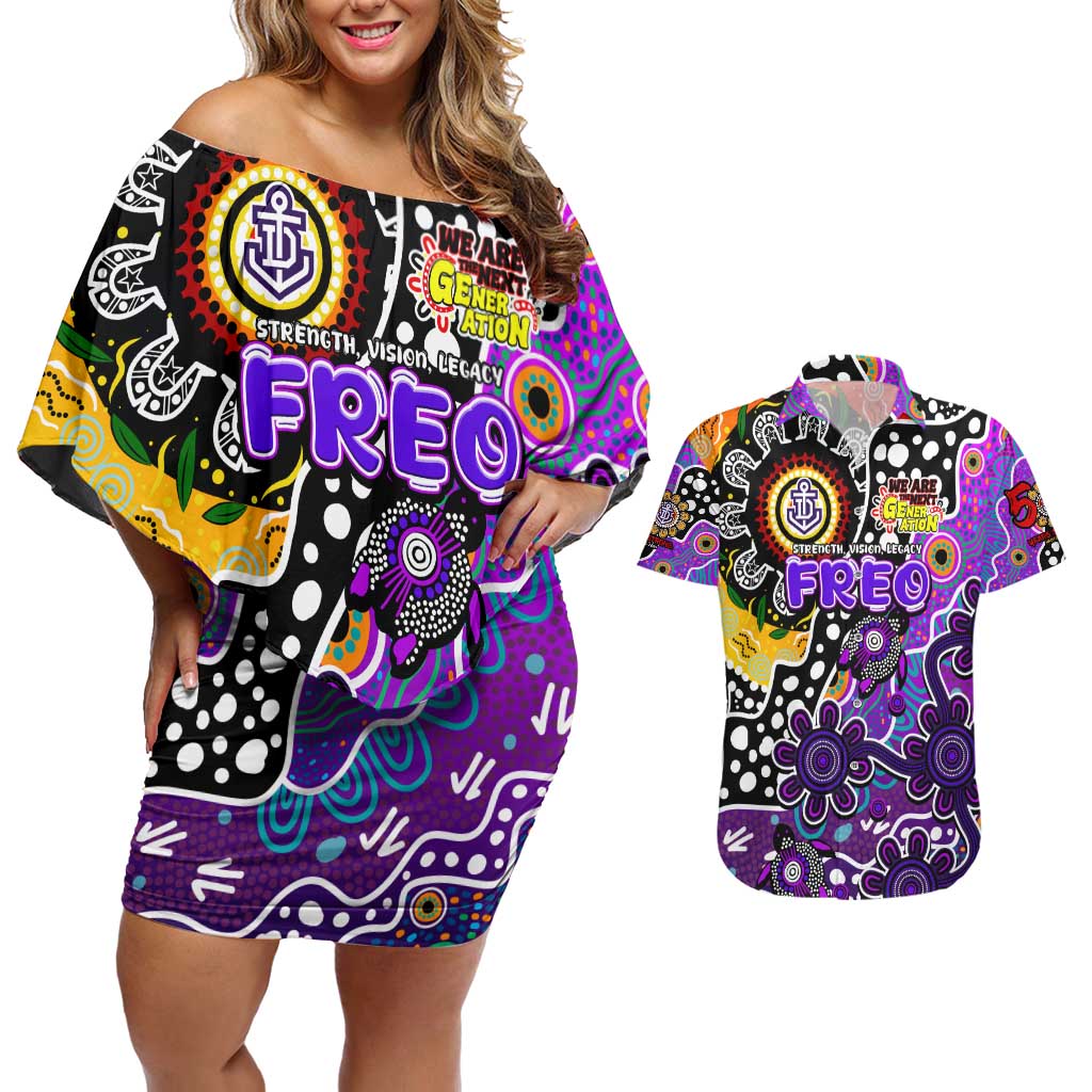 Personalised Freo AFL Celebrating 50 Years of Naidoc Couples Matching Off Shoulder Short Dress and Hawaiian Shirt NAIDOC Week 2025 Aboriginal