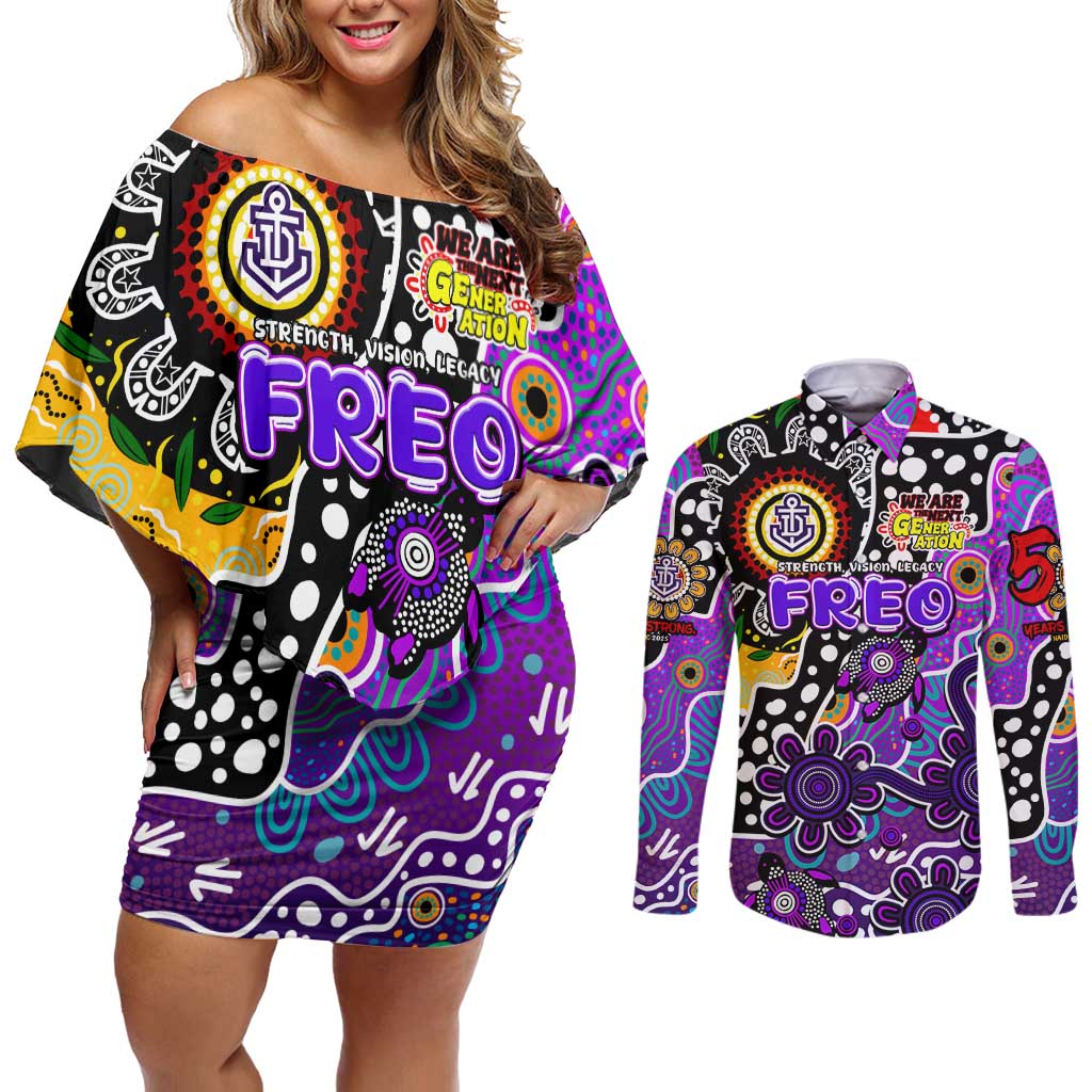 Personalised Freo AFL Celebrating 50 Years of Naidoc Couples Matching Off Shoulder Short Dress and Long Sleeve Button Shirt NAIDOC Week 2025 Aboriginal