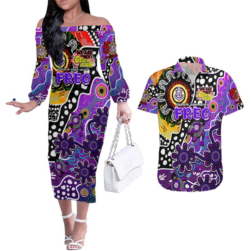 Personalised Freo AFL Celebrating 50 Years of Naidoc Couples Matching Off The Shoulder Long Sleeve Dress and Hawaiian Shirt NAIDOC Week 2025 Aboriginal