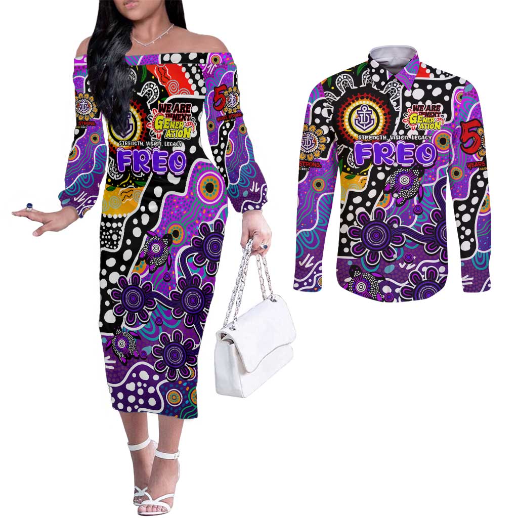 Personalised Freo AFL Celebrating 50 Years of Naidoc Couples Matching Off The Shoulder Long Sleeve Dress and Long Sleeve Button Shirt NAIDOC Week 2025 Aboriginal