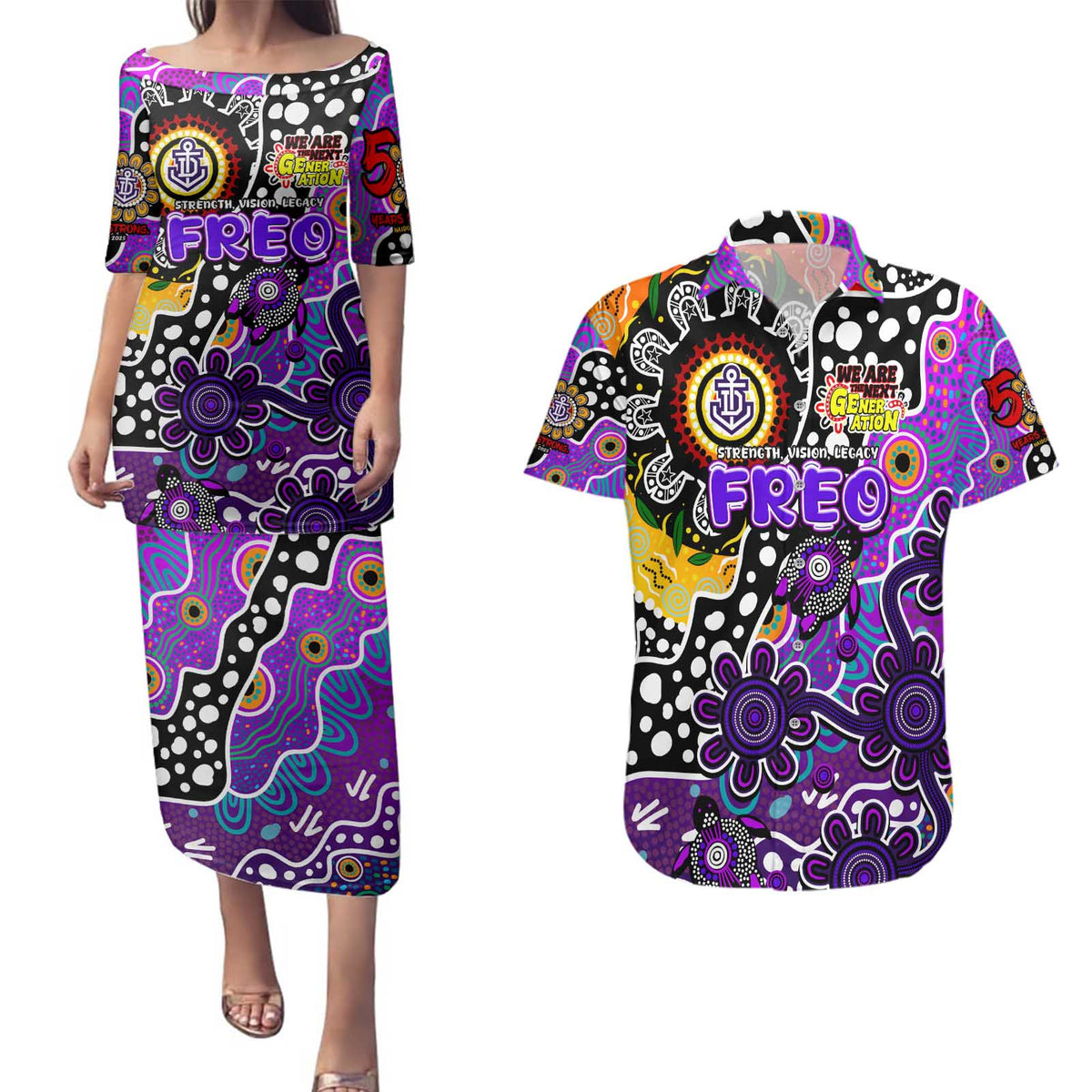 Personalised Freo AFL Celebrating 50 Years of Naidoc Couples Matching Puletasi and Hawaiian Shirt NAIDOC Week 2025 Aboriginal