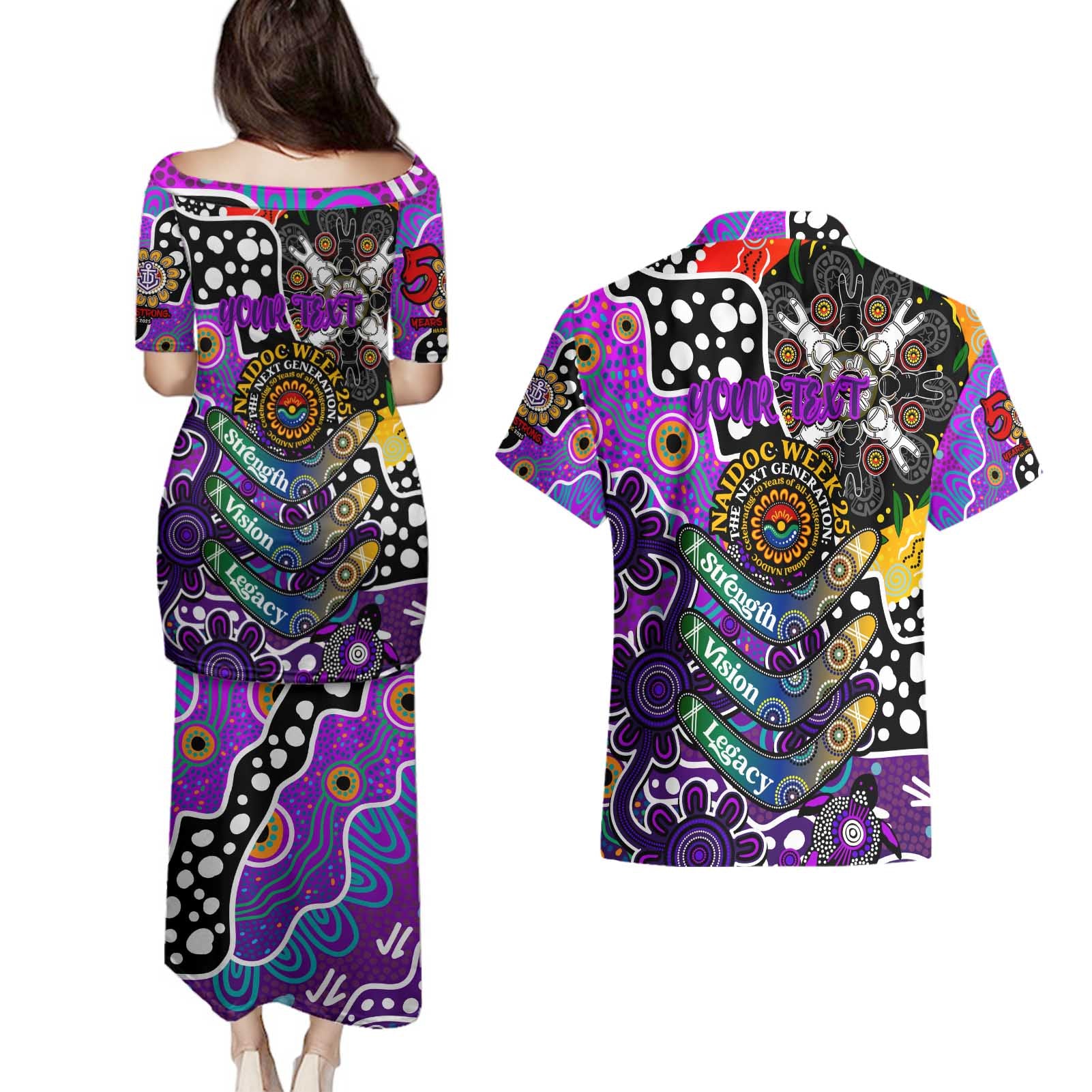 Personalised Freo AFL Celebrating 50 Years of Naidoc Couples Matching Puletasi and Hawaiian Shirt NAIDOC Week 2025 Aboriginal