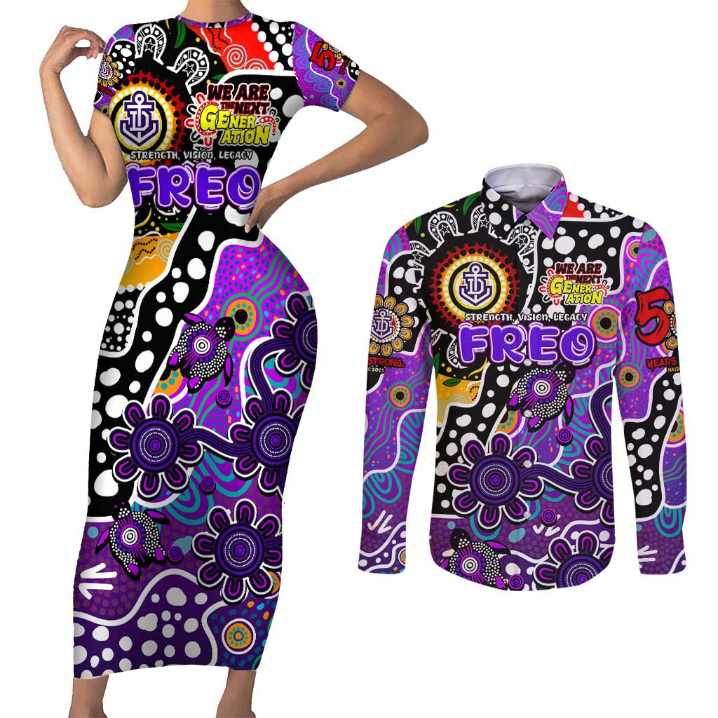 Personalised Freo AFL Celebrating 50 Years of Naidoc Couples Matching Short Sleeve Bodycon Dress and Long Sleeve Button Shirt NAIDOC Week 2025 Aboriginal