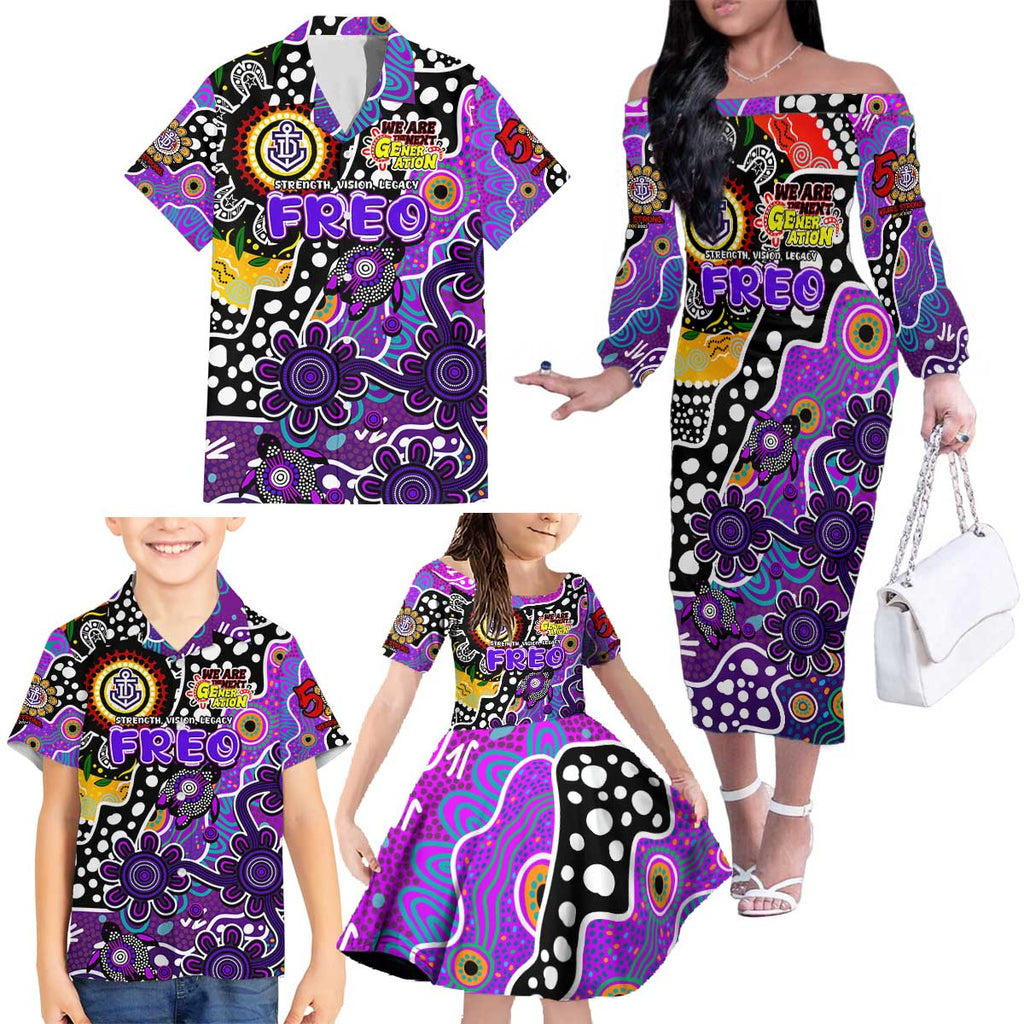 Personalised Freo AFL Celebrating 50 Years of Naidoc Family Matching Off The Shoulder Long Sleeve Dress and Hawaiian Shirt NAIDOC Week 2025 Aboriginal