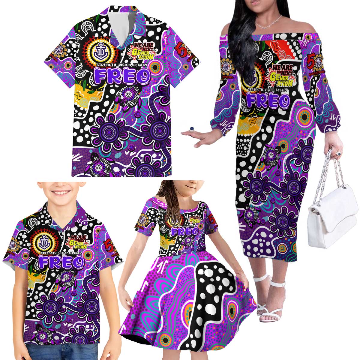 Personalised Freo AFL Celebrating 50 Years of Naidoc Family Matching Off The Shoulder Long Sleeve Dress and Hawaiian Shirt NAIDOC Week 2025 Aboriginal