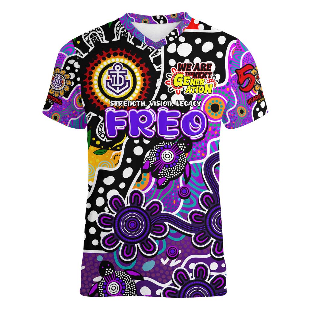 Personalised Freo AFL Celebrating 50 Years of Naidoc Women V-Neck T-Shirt NAIDOC Week 2025 Aboriginal