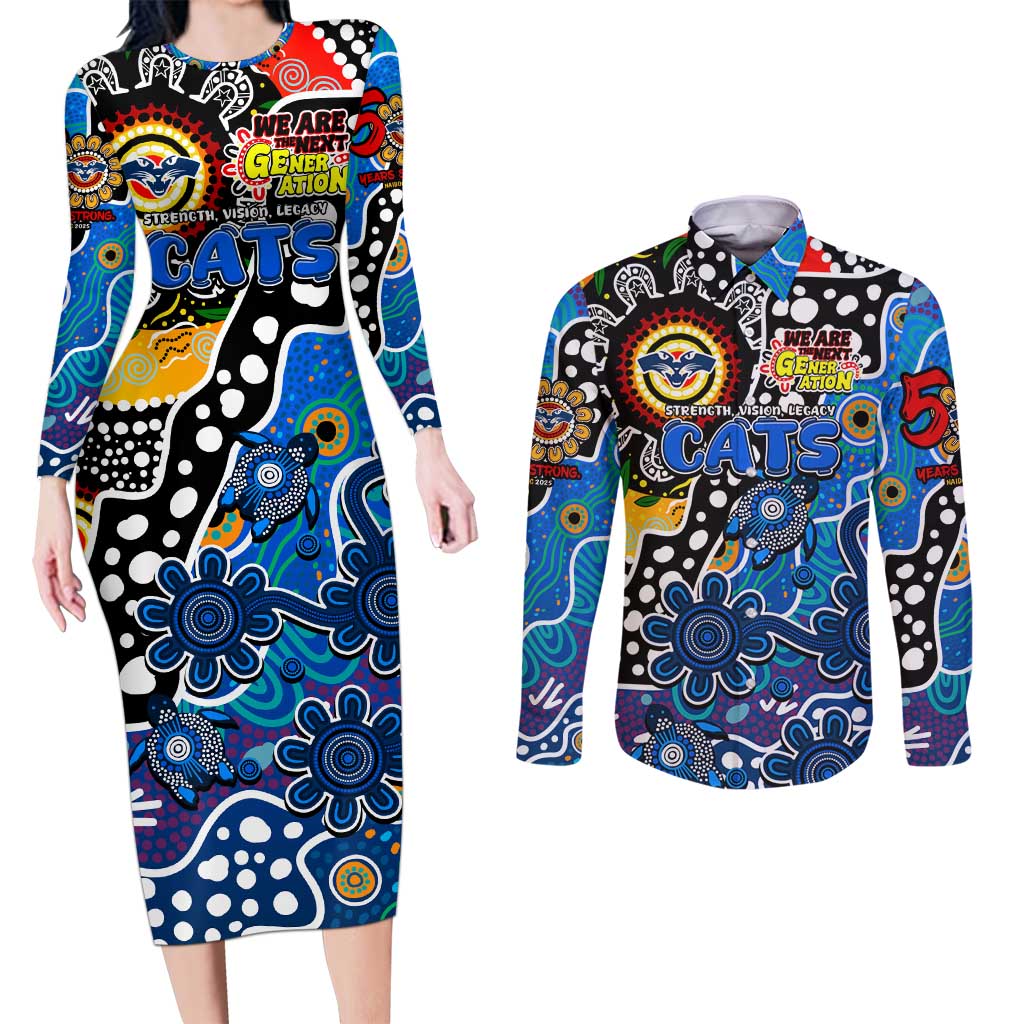Personalised Cats AFL Celebrating 50 Years of Naidoc Couples Matching Long Sleeve Bodycon Dress and Long Sleeve Button Shirt NAIDOC Week 2025 Aboriginal
